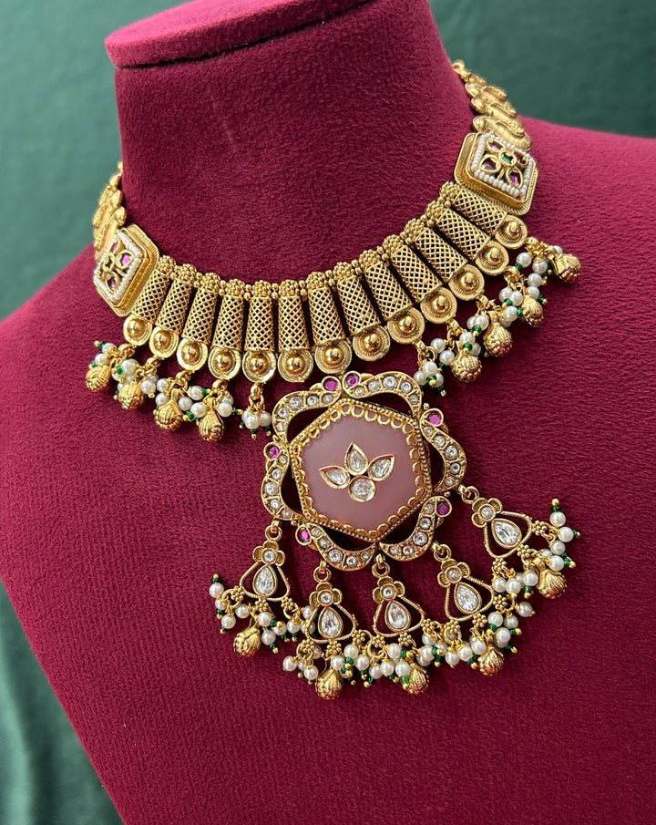 Premium Antique Finish Gold Plated Blush Pink Choker Necklace Set with Pearl Drops