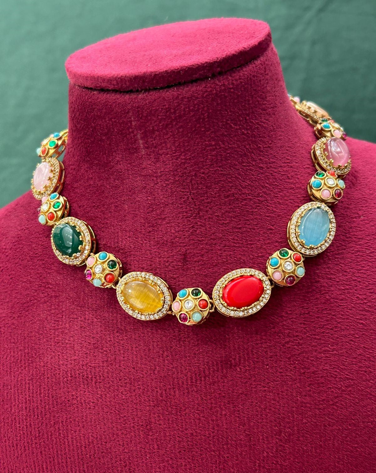 Premium Multicolor Oval Stone Statement Necklace Set (Green / Red / Yellow Variants)