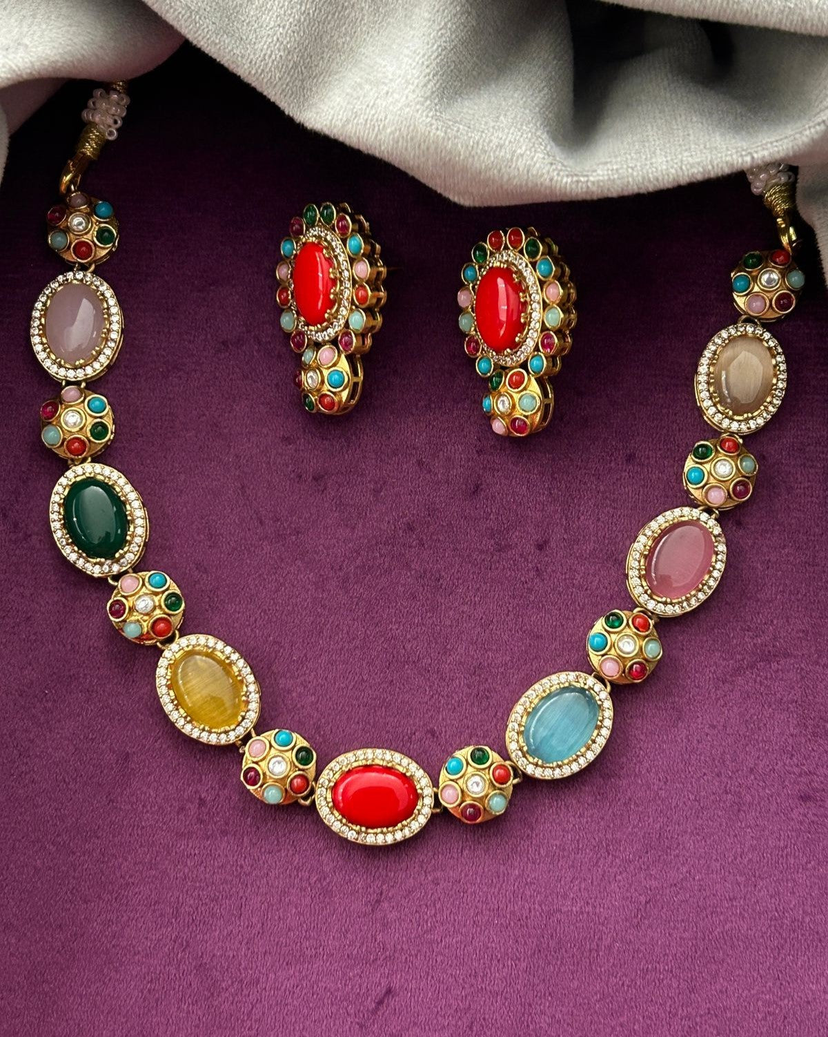 Premium Multicolor Oval Stone Statement Necklace Set (Green / Red / Yellow Variants)
