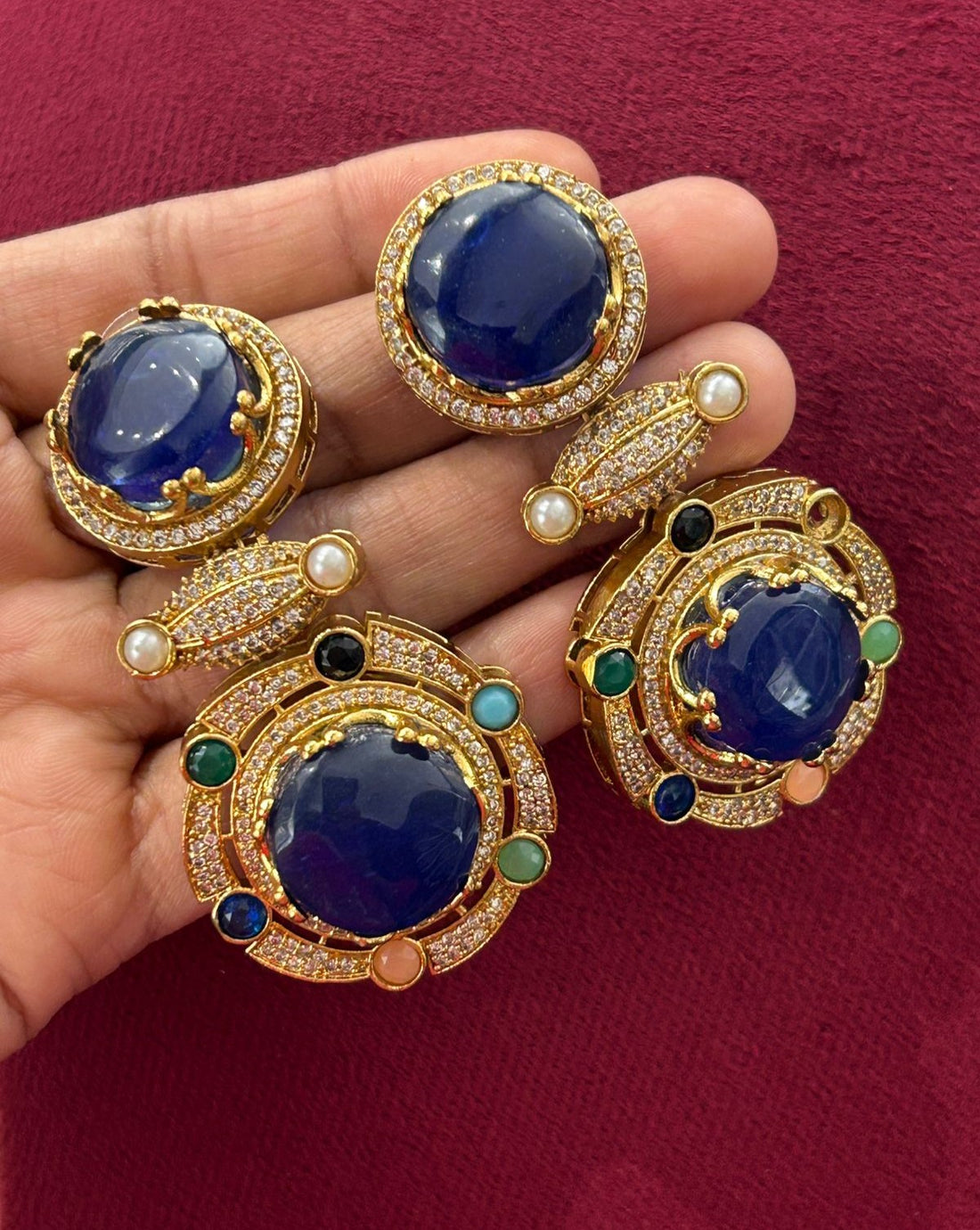 Premium Royal Blue Stone Statement Necklace Set with Multicolor Detailing and Earrings