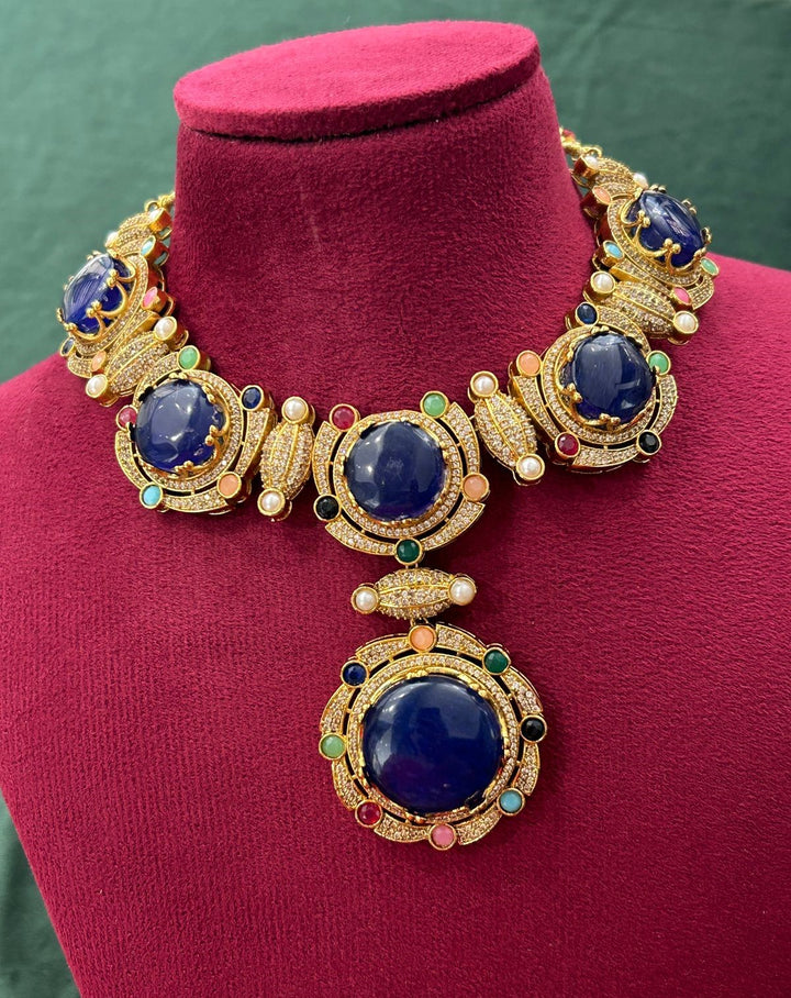 Premium Royal Blue Stone Statement Necklace Set with Multicolor Detailing and Earrings