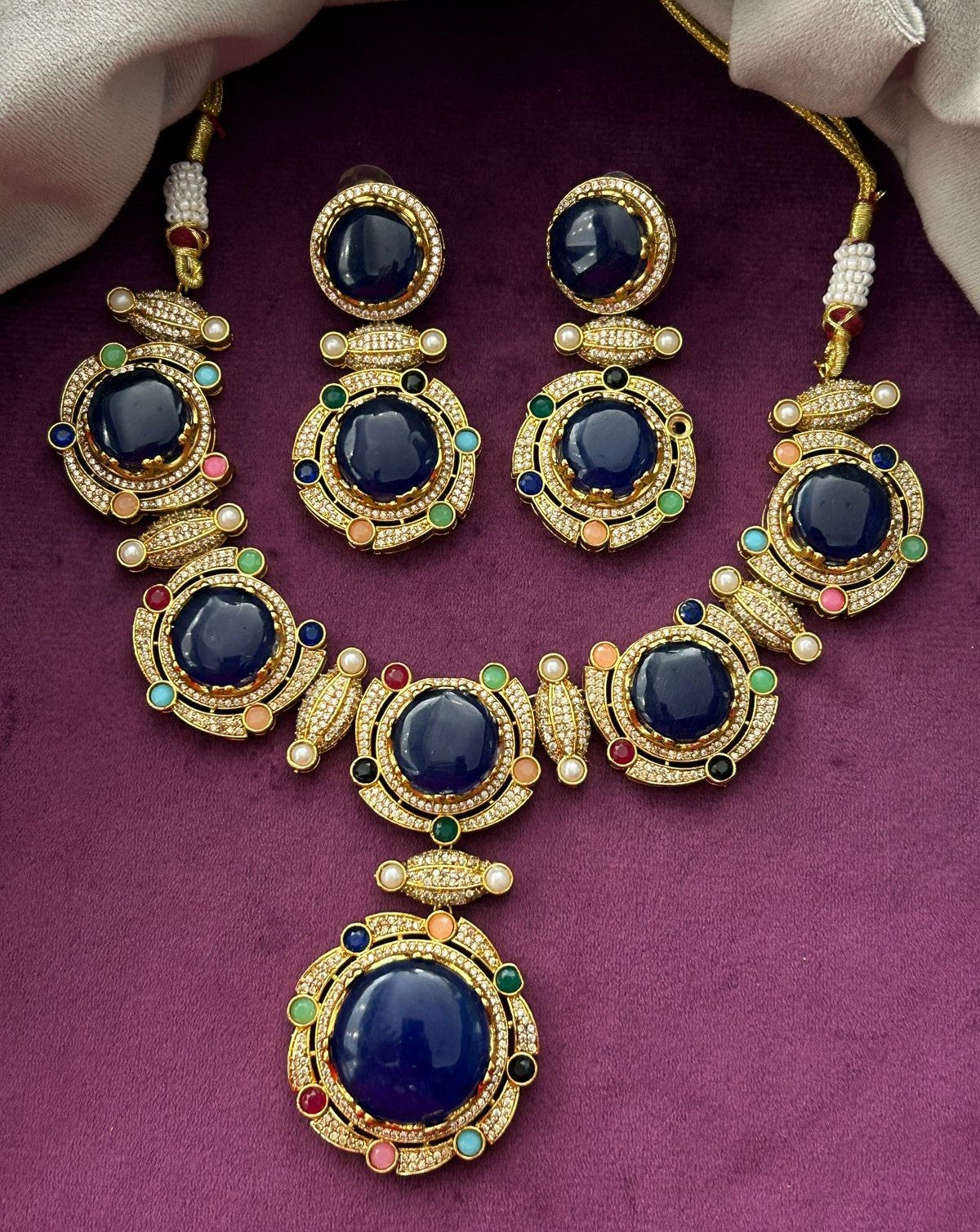 Premium Royal Blue Stone Statement Necklace Set with Multicolor Detailing and Earrings