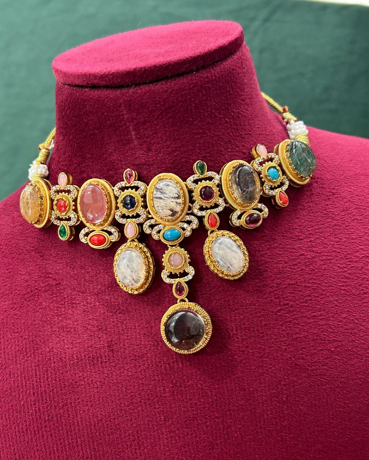 Premium Mint Green and Multicolor Stone Designer Necklace Set with Earrings