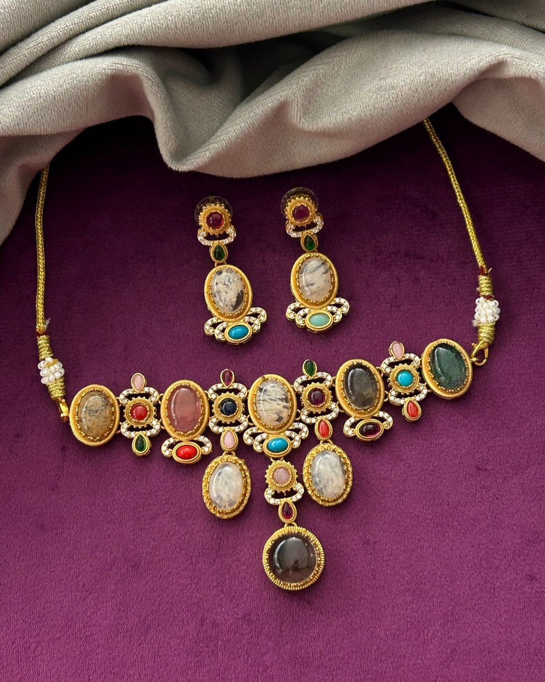 Premium Mint Green and Multicolor Stone Designer Necklace Set with Earrings