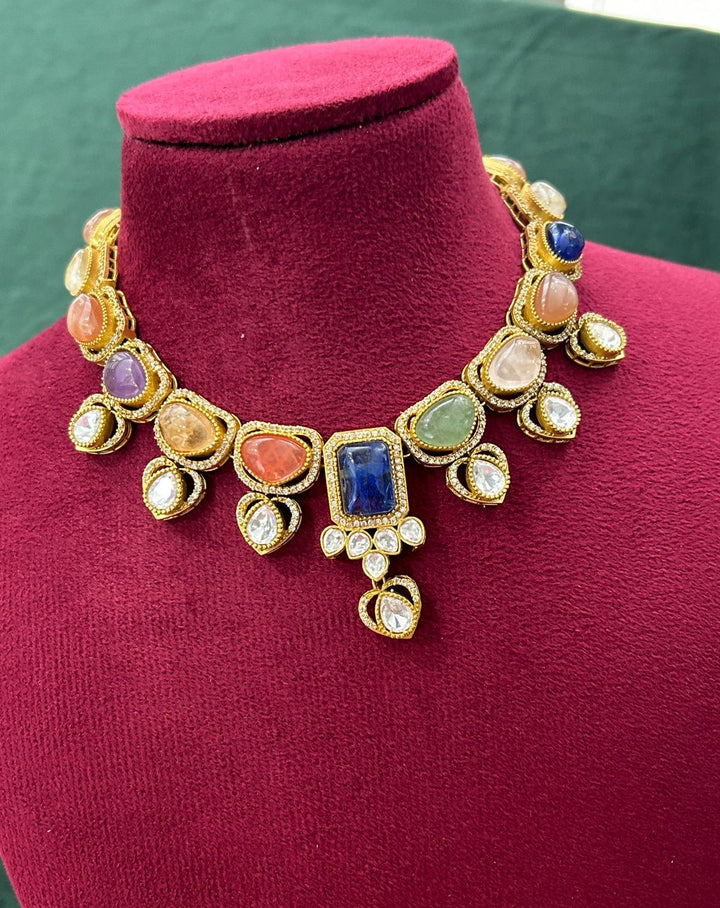 Premium Multicolor Natural Stone Statement Necklace Set with Earrings