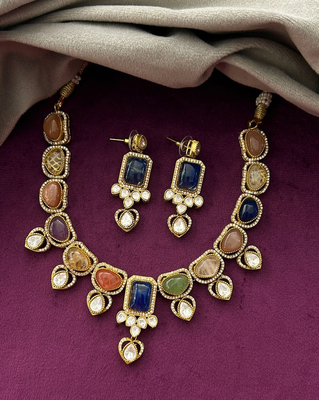 Premium Multicolor Natural Stone Statement Necklace Set with Earrings