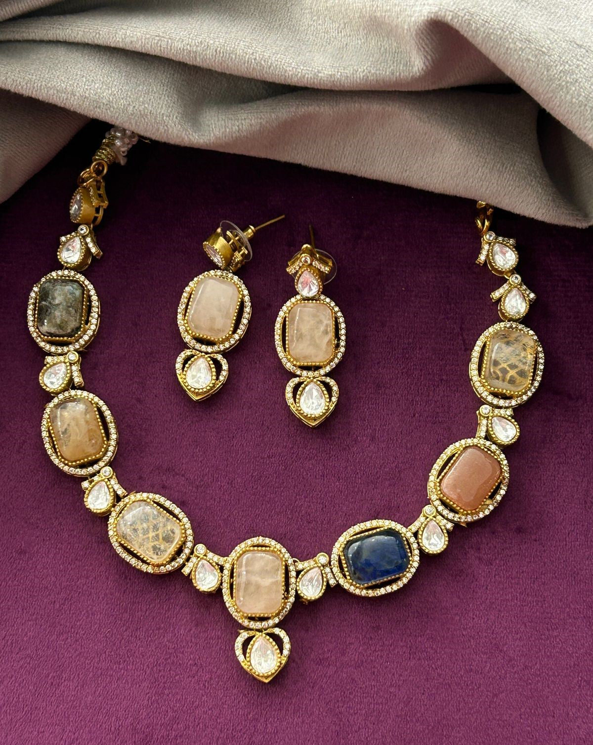 Premium Pastel Multicolor Stone Designer Necklace Set with Earrings