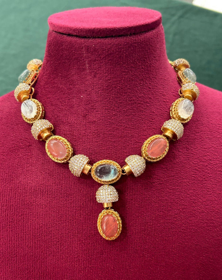 Premium Champagne Multicolor Stone Designer Necklace Set with Earrings