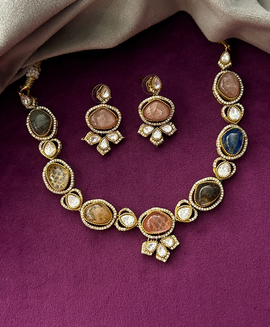 Premium Earth Tone Multicolor Stone Designer Necklace Set with Earrings