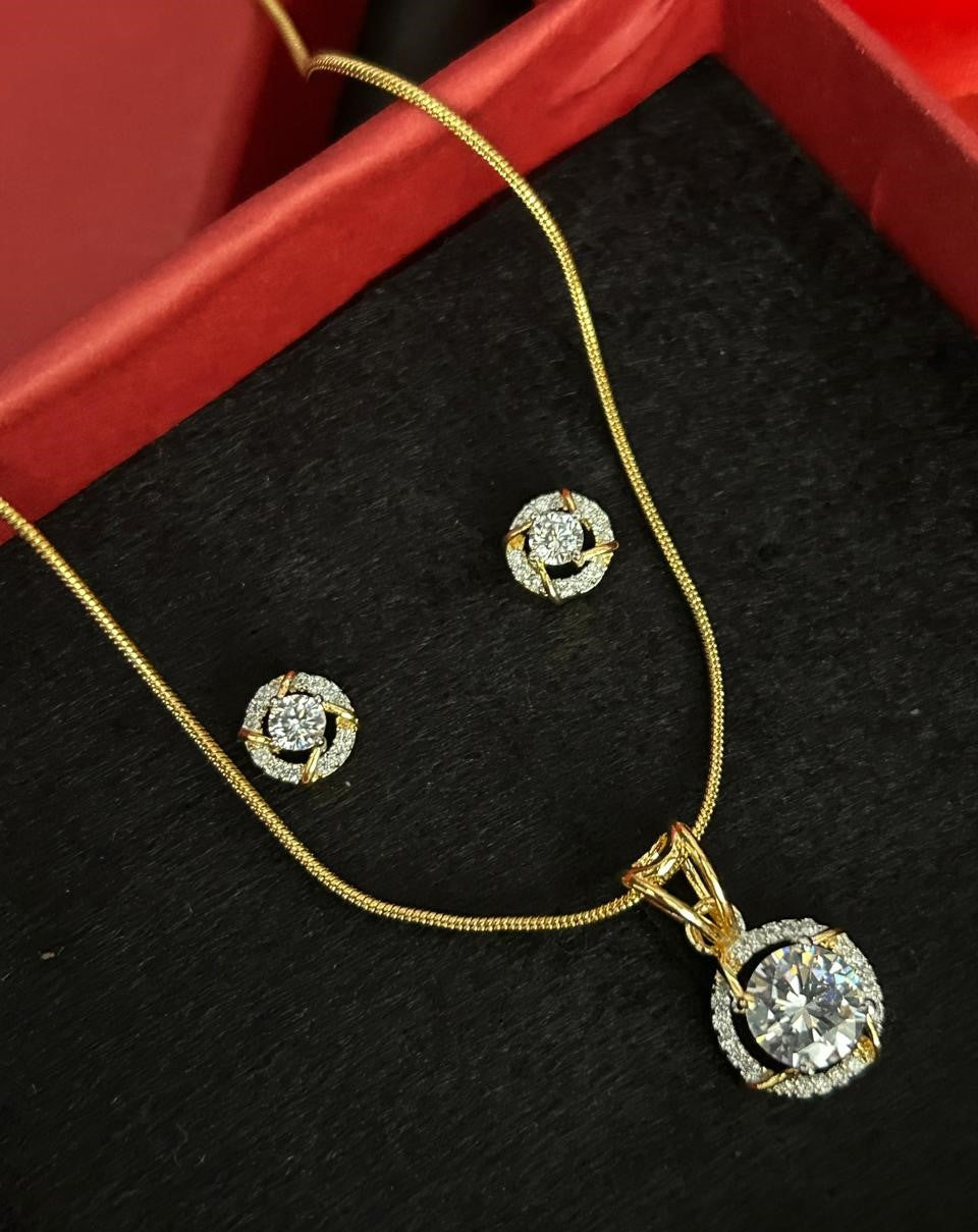 Premium Solitaire Sparkle Pendant Set with Chain & Earrings (Gold / Silver Finish)