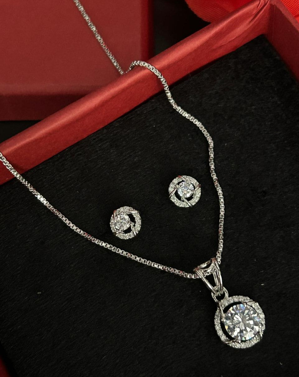 Premium Solitaire Sparkle Pendant Set with Chain & Earrings (Gold / Silver Finish)