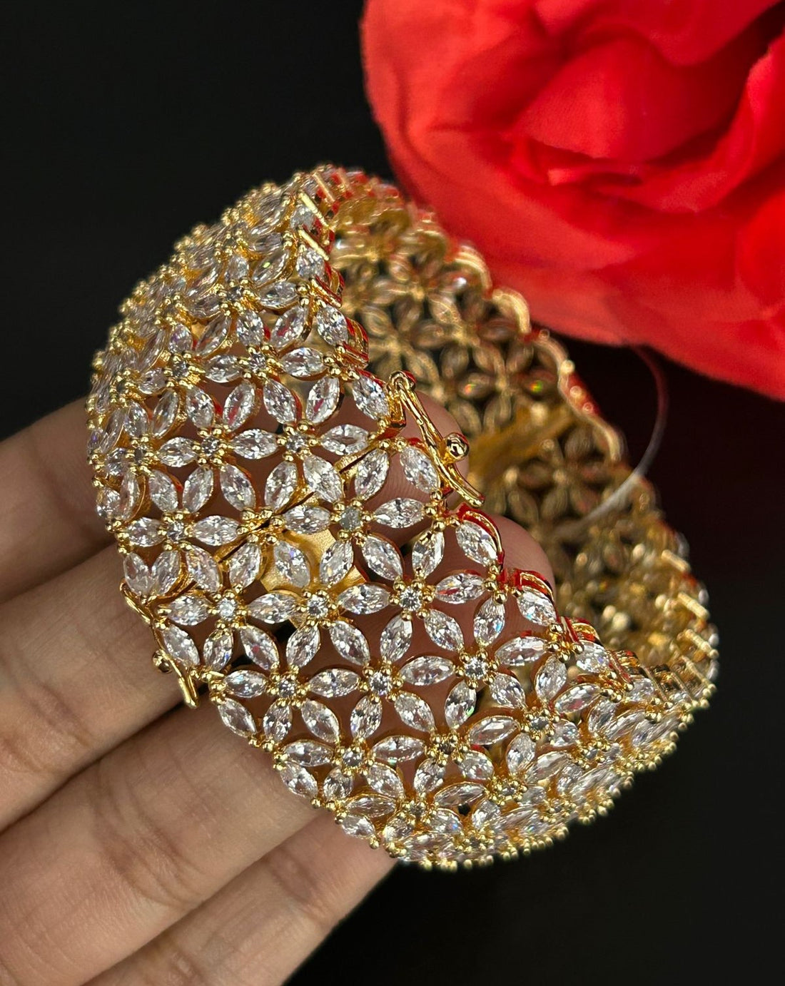 Openable Premium Floral Diamond Look Bracelet/ Bangle in Gold , Silver Tone 1 Hand Wearing Single Pcs