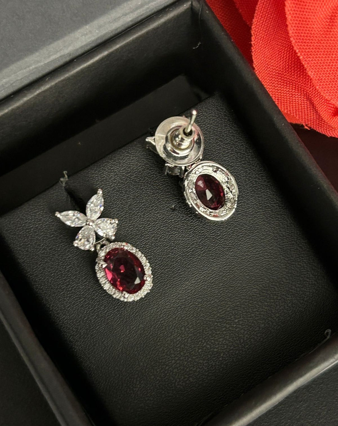 Veloura Bloom Drops – Floral Diamond Oval Earrings in Ruby, Black, White & Green