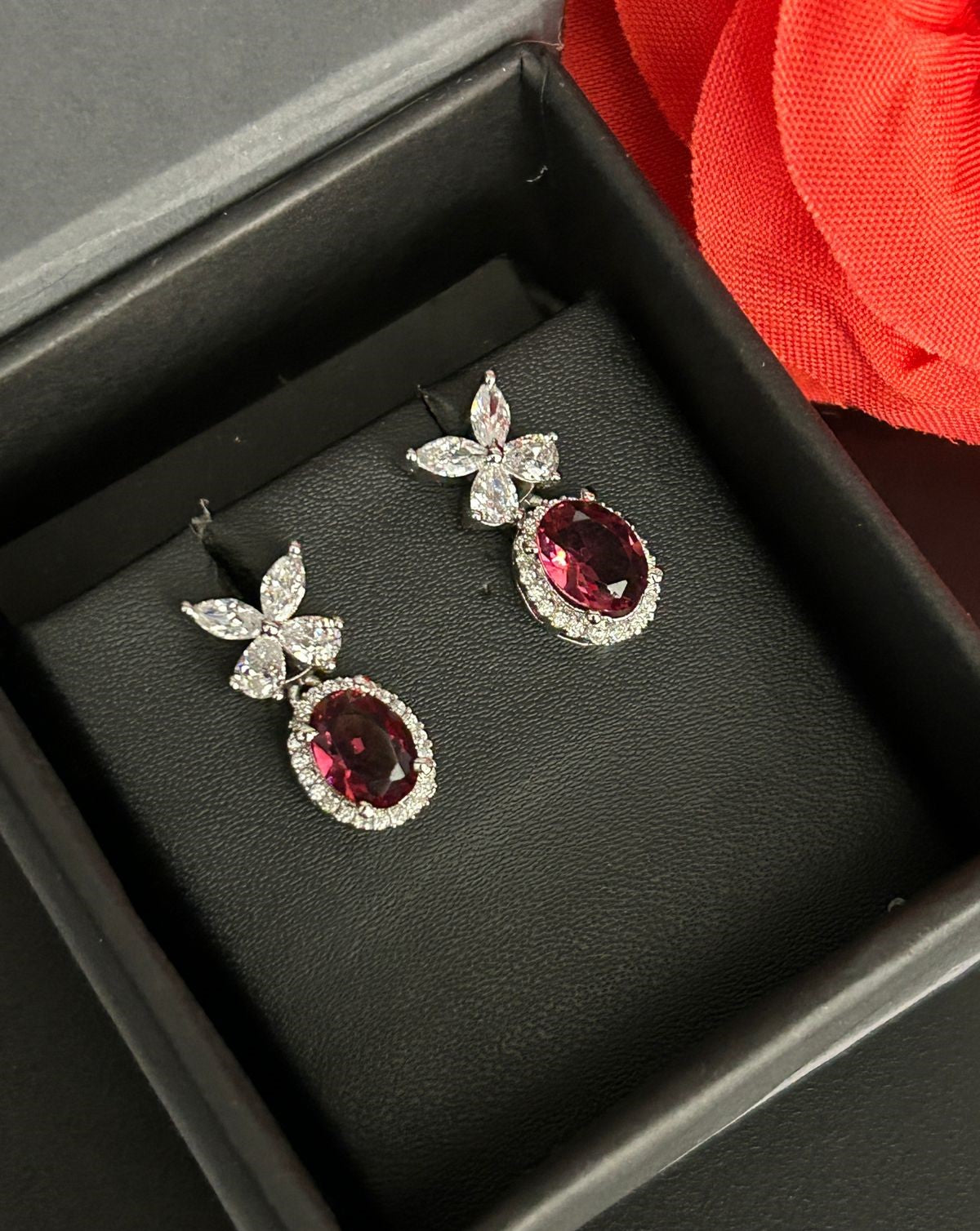 Veloura Bloom Drops – Floral Diamond Oval Earrings in Ruby, Black, White & Green