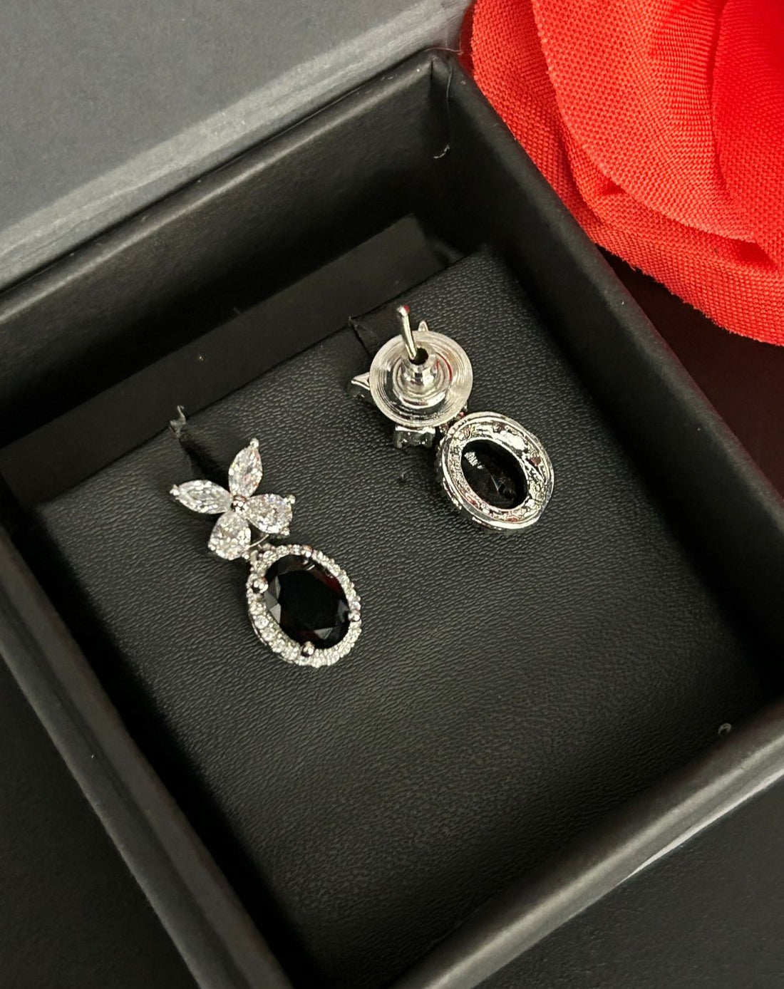 Veloura Bloom Drops – Floral Diamond Oval Earrings in Ruby, Black, White & Green
