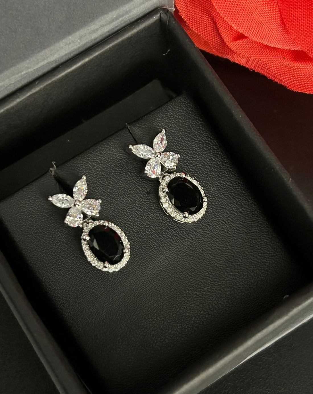 Veloura Bloom Drops – Floral Diamond Oval Earrings in Ruby, Black, White & Green