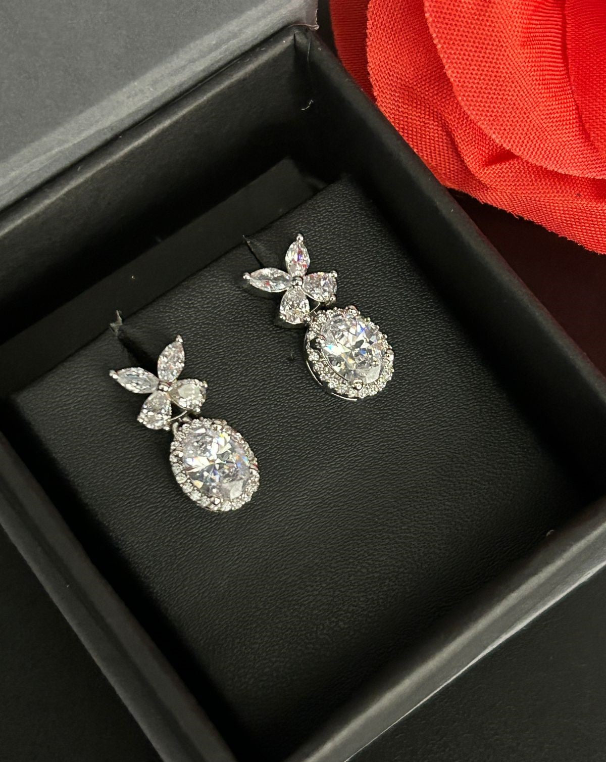 Veloura Bloom Drops – Floral Diamond Oval Earrings in Ruby, Black, White & Green