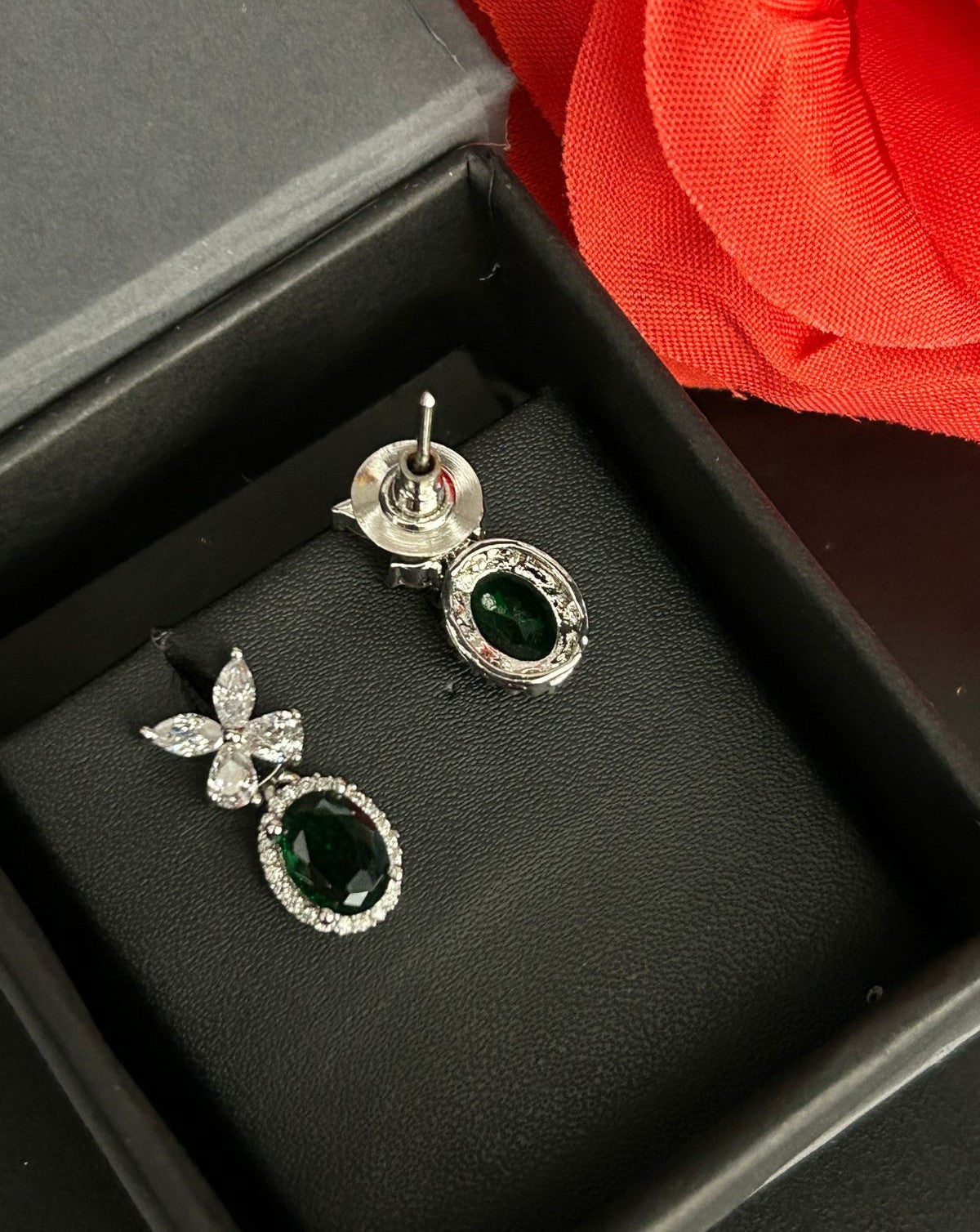 Veloura Bloom Drops – Floral Diamond Oval Earrings in Ruby, Black, White & Green