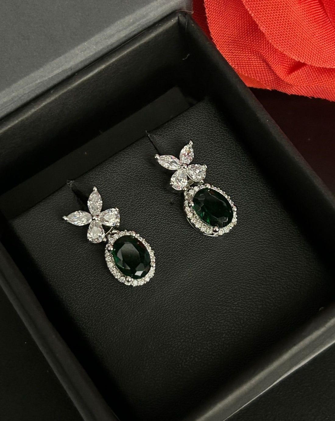 Veloura Bloom Drops – Floral Diamond Oval Earrings in Ruby, Black, White & Green
