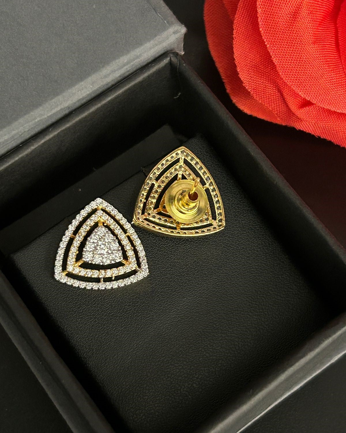 Aurelia TriLuxe Studs – Geometric Diamond Triangle Earrings in Gold & Silver Finish