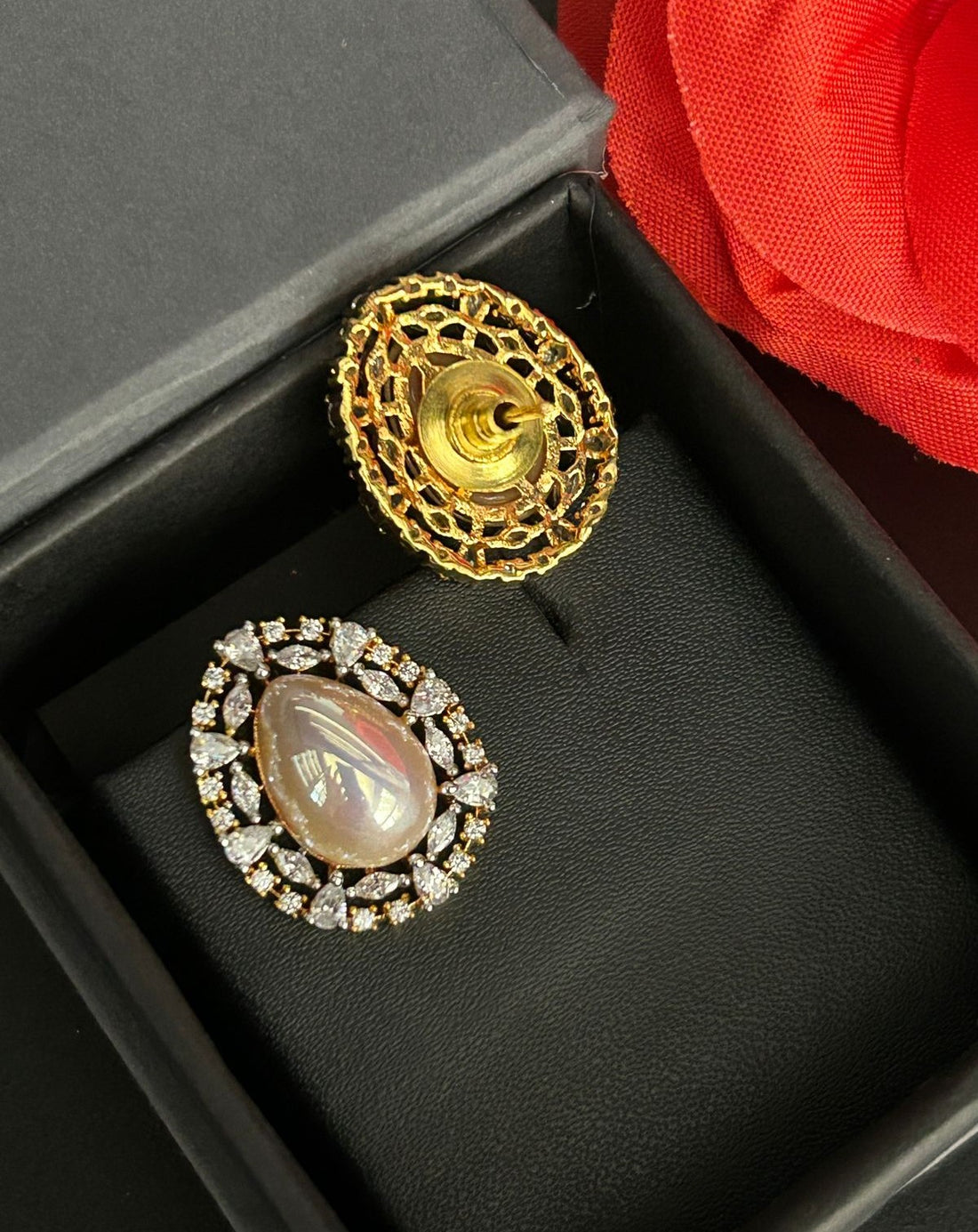 Aurielle Glow Studs – Oval Opal Stone Diamond Halo Earrings in Gold Finish