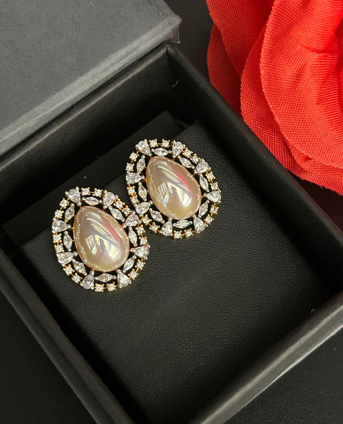 Aurielle Glow Studs – Oval Opal Stone Diamond Halo Earrings in Gold Finish