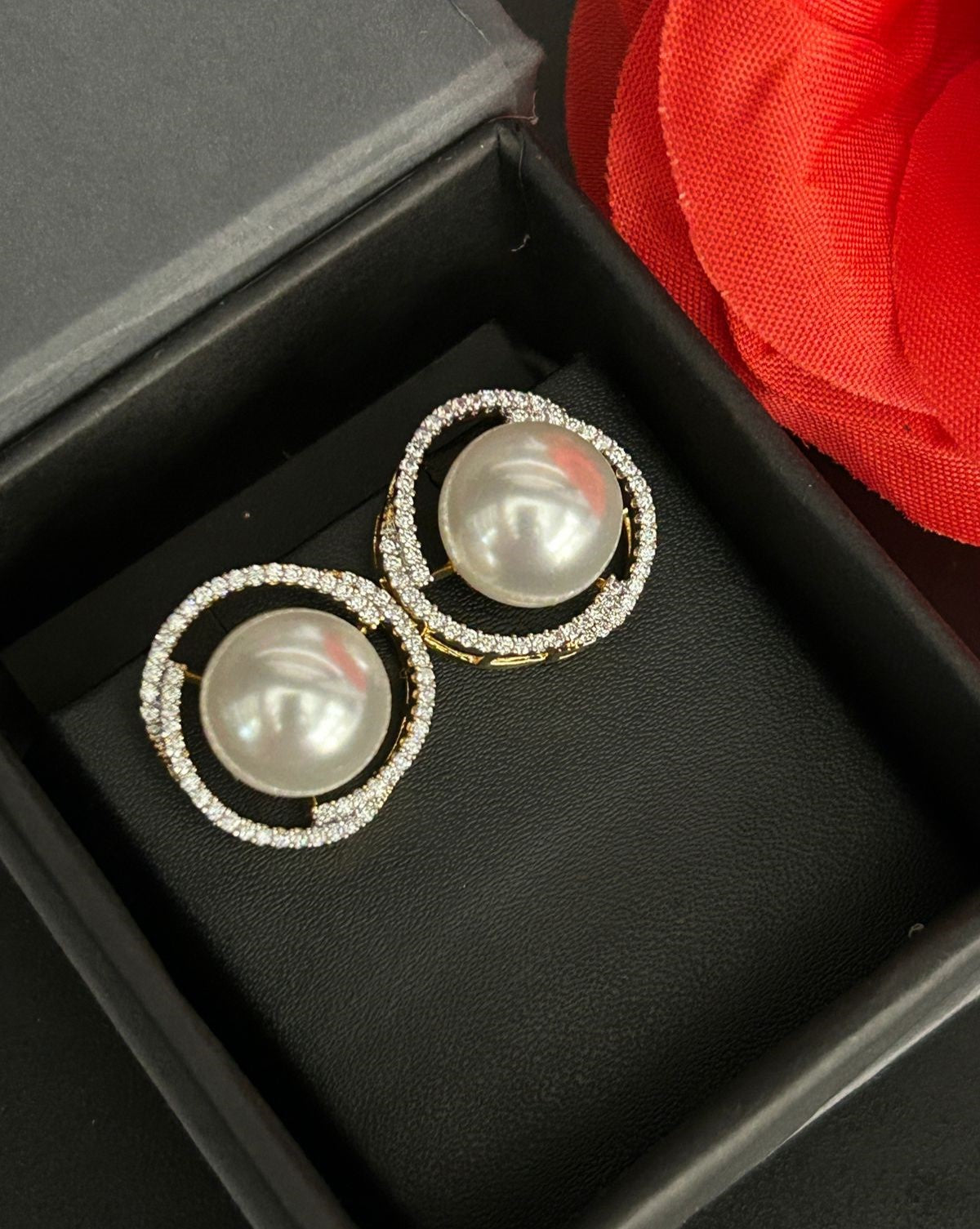 Lunara Pearl Halo Studs – Round Pearl Diamond Circle Earrings in Gold Finish