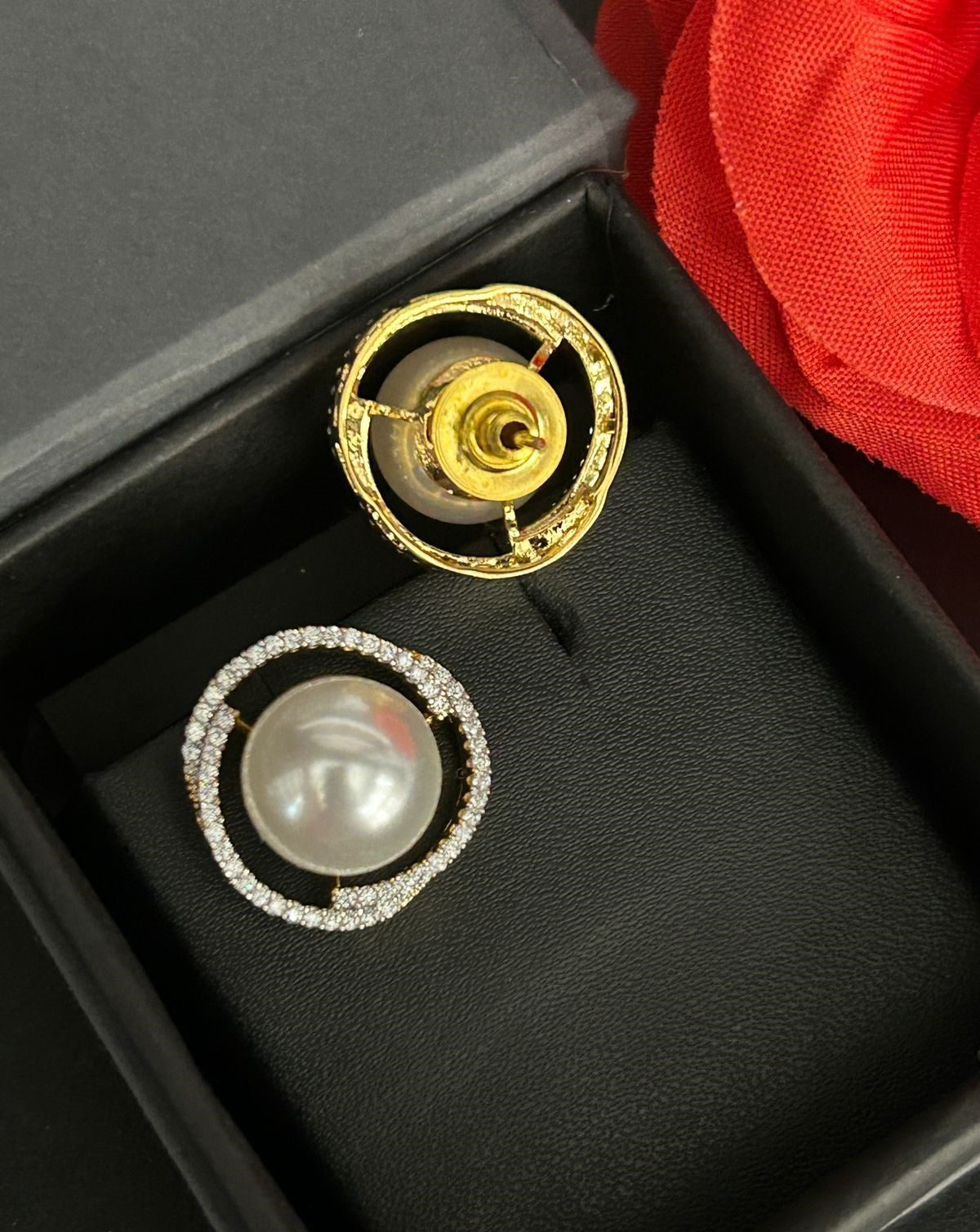 Lunara Pearl Halo Studs – Round Pearl Diamond Circle Earrings in Gold Finish