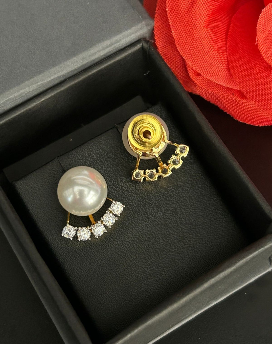Lunara Arc Pearl Studs – Pearl & Diamond Curve Earrings in Gold Finish