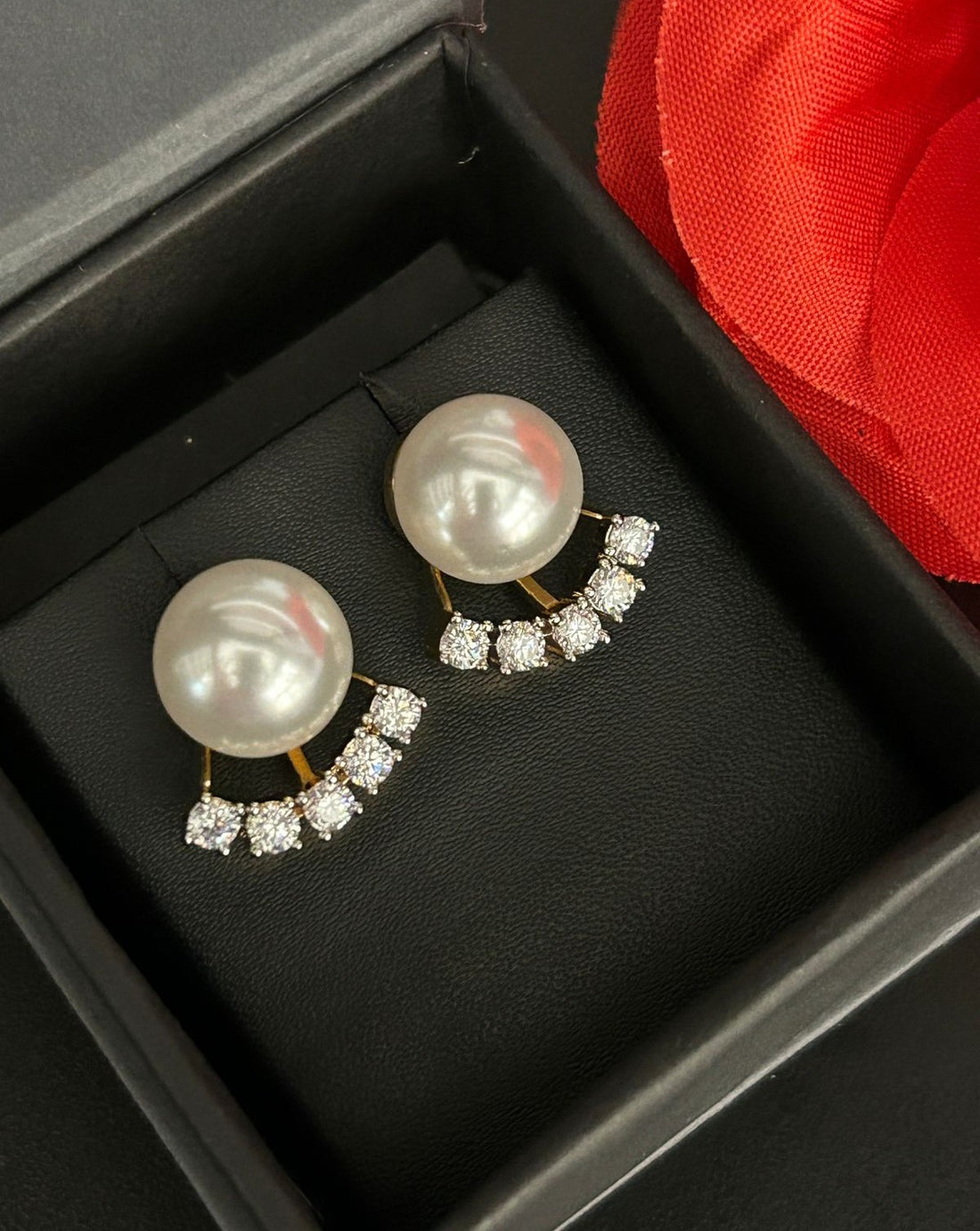 Lunara Arc Pearl Studs – Pearl & Diamond Curve Earrings in Gold Finish