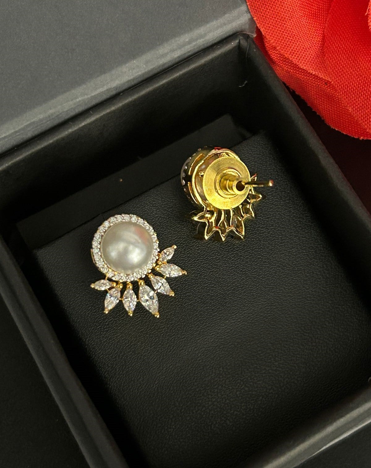 Lunara Crown Pearl Studs – Pearl Diamond Halo Earrings with Floral Drop Design