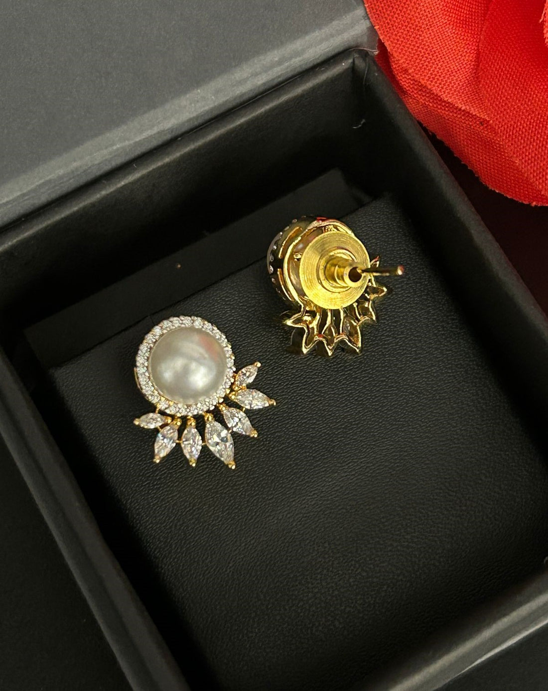 Lunara Crown Pearl Studs – Pearl Diamond Halo Earrings with Floral Drop Design