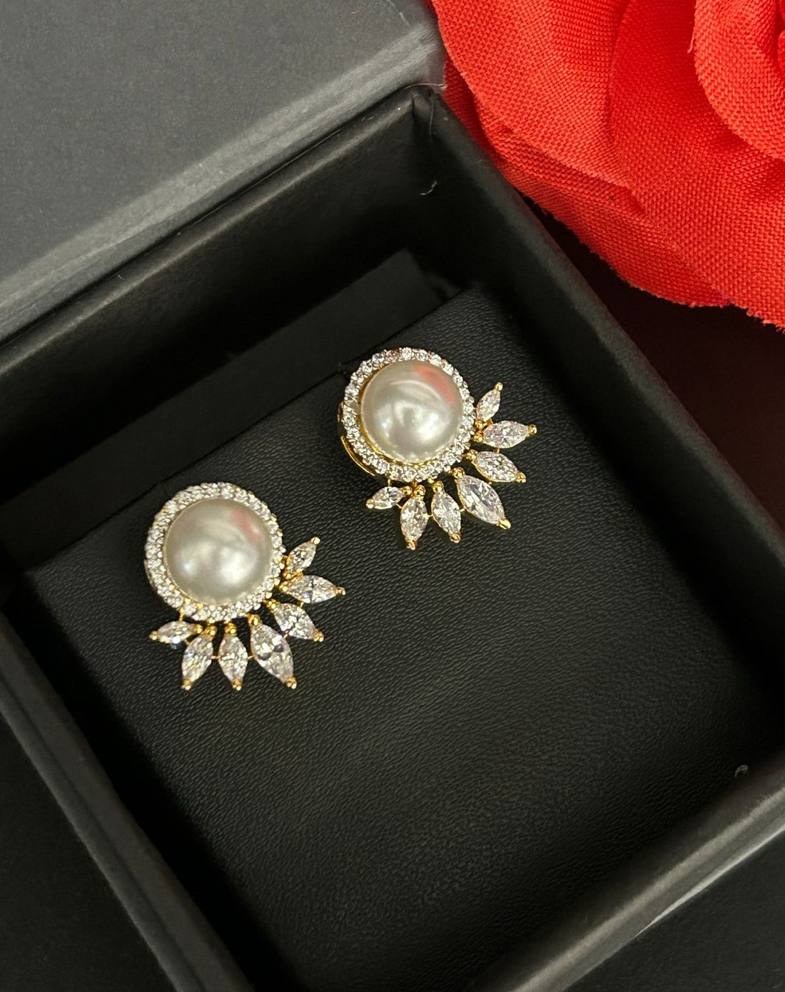 Lunara Crown Pearl Studs – Pearl Diamond Halo Earrings with Floral Drop Design