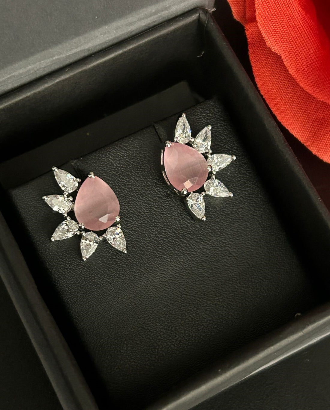 Celestia Bloom Studs – Pear Stone Diamond Floral Earrings (Multi Color Variants) - Silver Plated