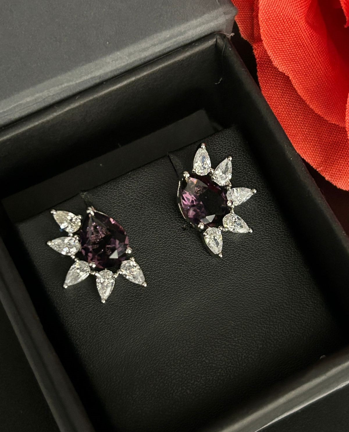 Celestia Bloom Studs – Pear Stone Diamond Floral Earrings (Multi Color Variants) - Silver Plated