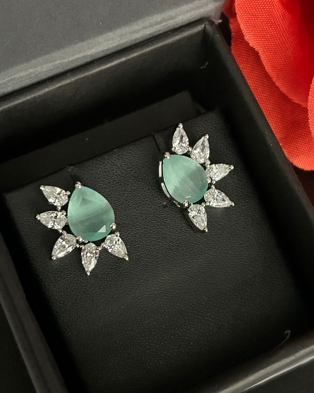 Celestia Bloom Studs – Pear Stone Diamond Floral Earrings (Multi Color Variants) - Silver Plated