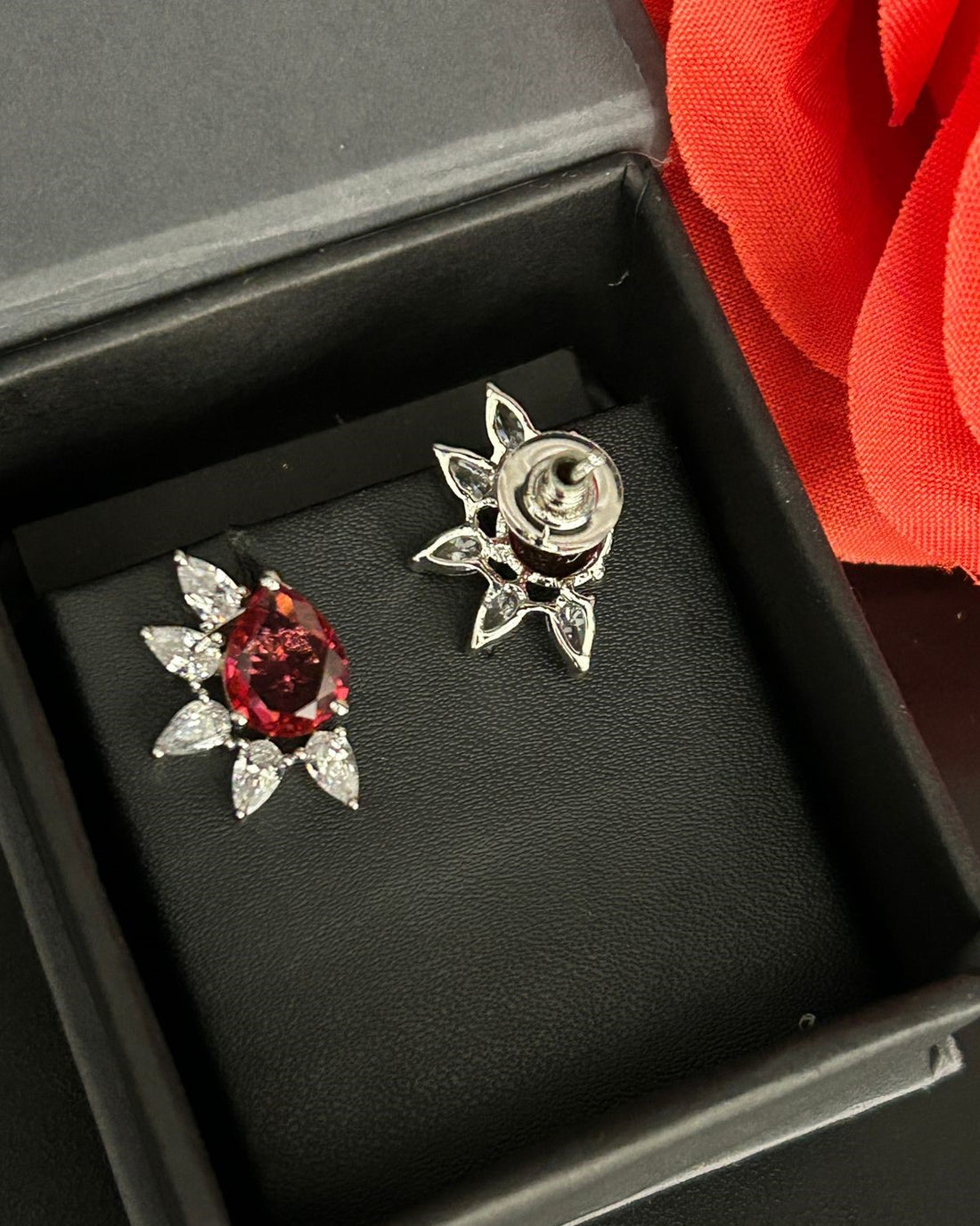 Celestia Bloom Studs – Pear Stone Diamond Floral Earrings (Multi Color Variants) - Silver Plated