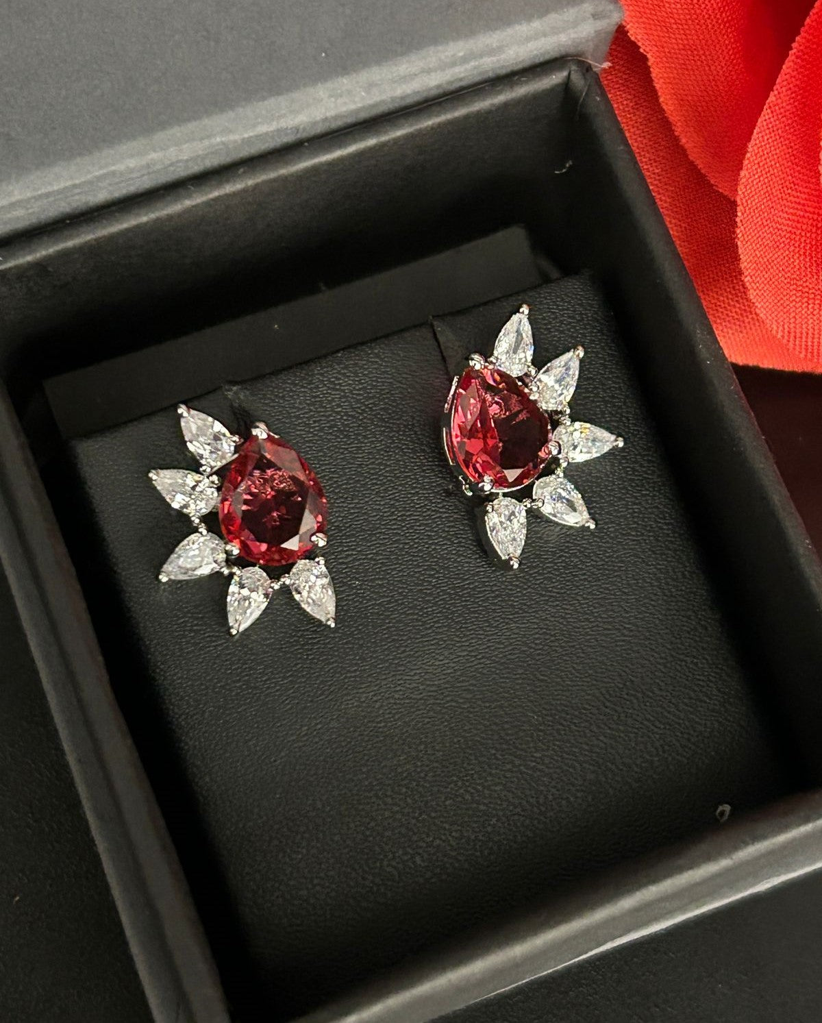 Celestia Bloom Studs – Pear Stone Diamond Floral Earrings (Multi Color Variants) - Silver Plated