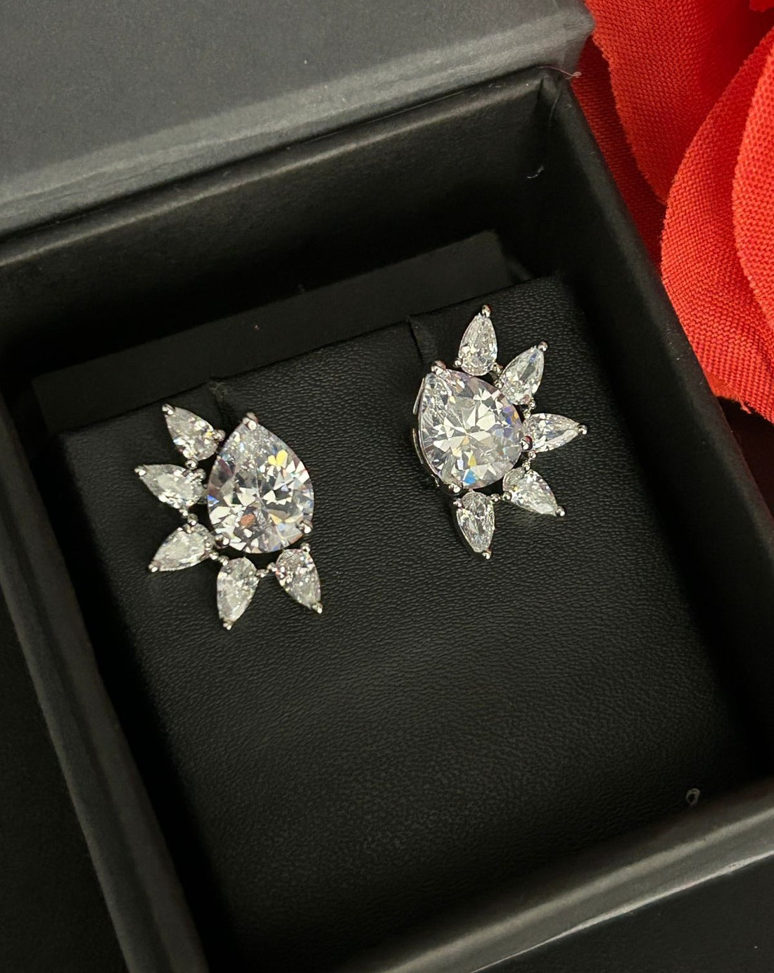 Celestia Bloom Studs – Pear Stone Diamond Floral Earrings (Multi Color Variants) - Silver Plated