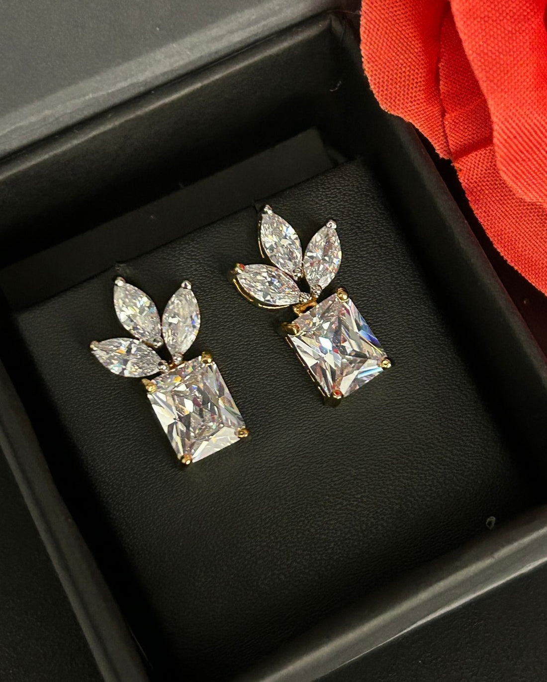 Premium Regalia Prism Studs – Gold Polish Emerald Cut Diamond Earrings (Multi Color)