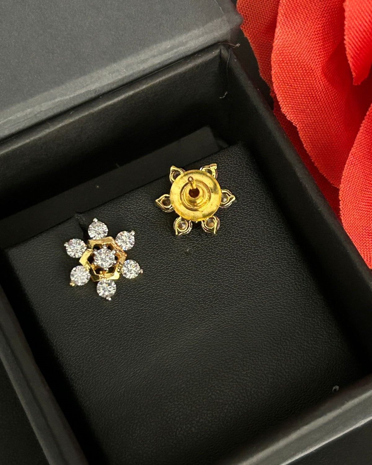 Premium Hexa Bloom Studs – Gold Polish Diamond Floral Earrings