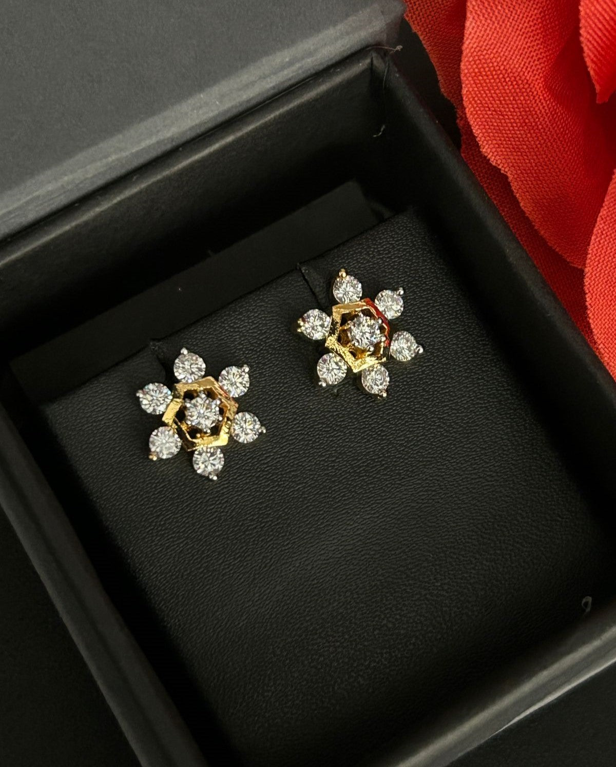 Premium Hexa Bloom Studs – Gold Polish Diamond Floral Earrings