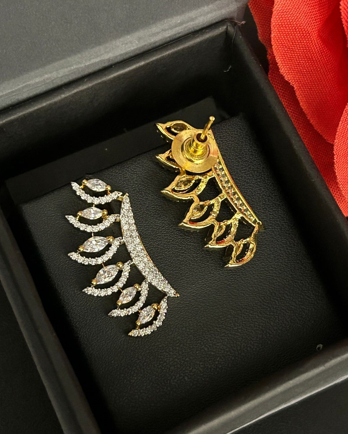 Premium Luxe Leaf Climbers – Gold Polish Diamond Statement Earrings