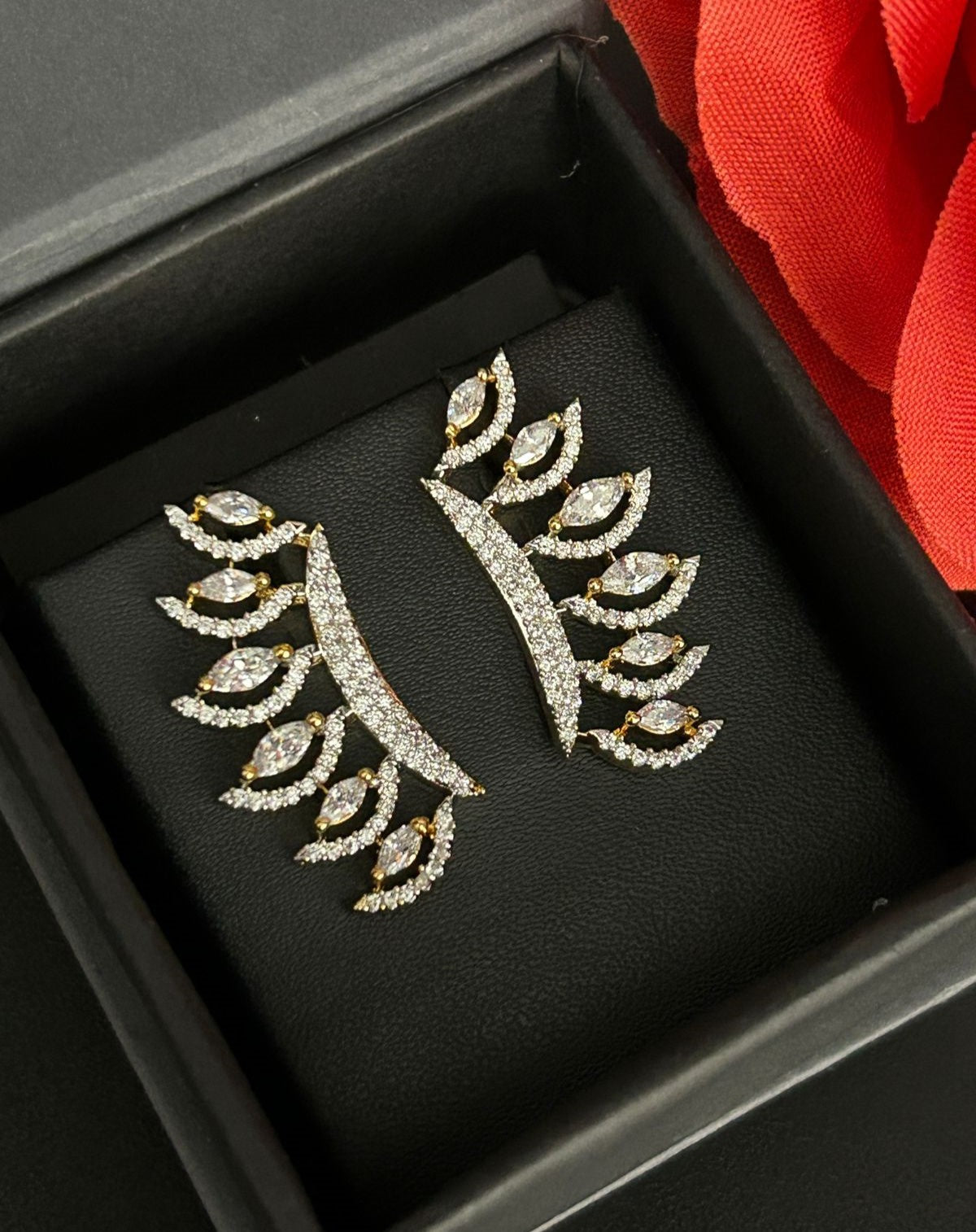 Premium Luxe Leaf Climbers – Gold Polish Diamond Statement Earrings
