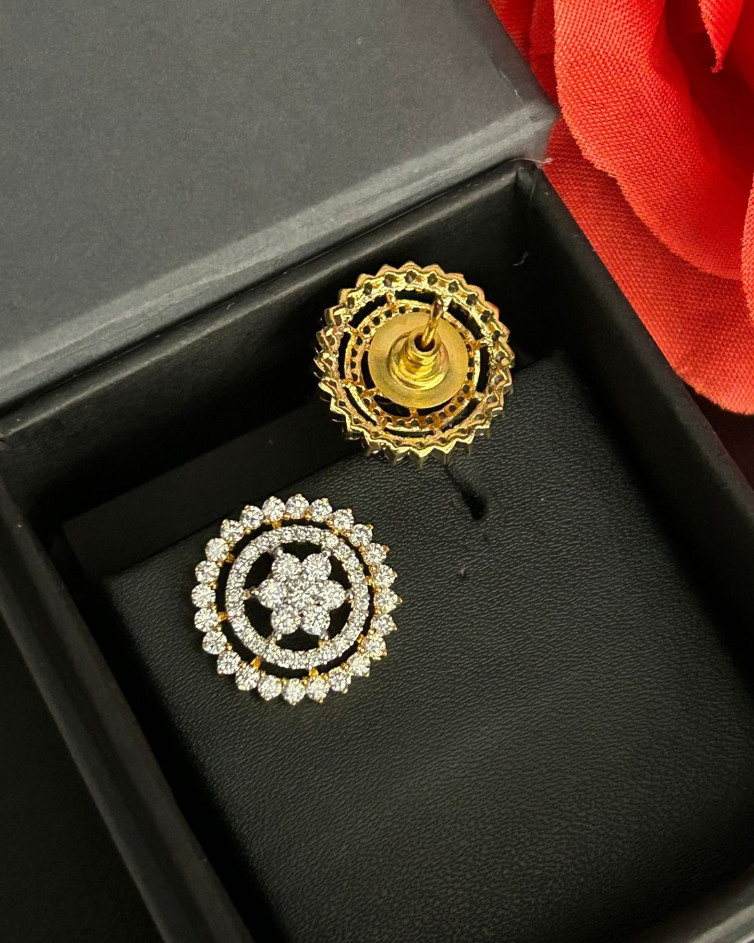 Premium Floral Halo Studs – Gold Polish Diamond Circle Earrings