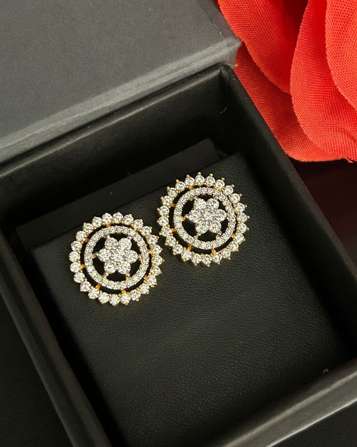 Premium Floral Halo Studs – Gold Polish Diamond Circle Earrings