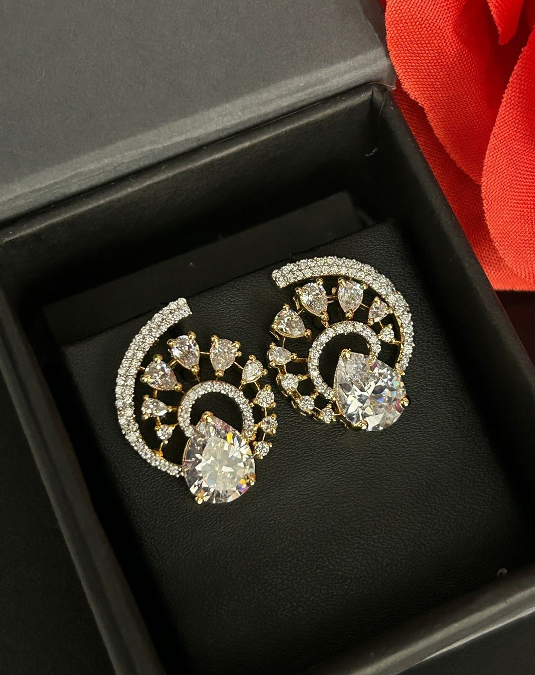 Premium Regal Spiral Drops – Gold Polish Diamond Statement Earrings