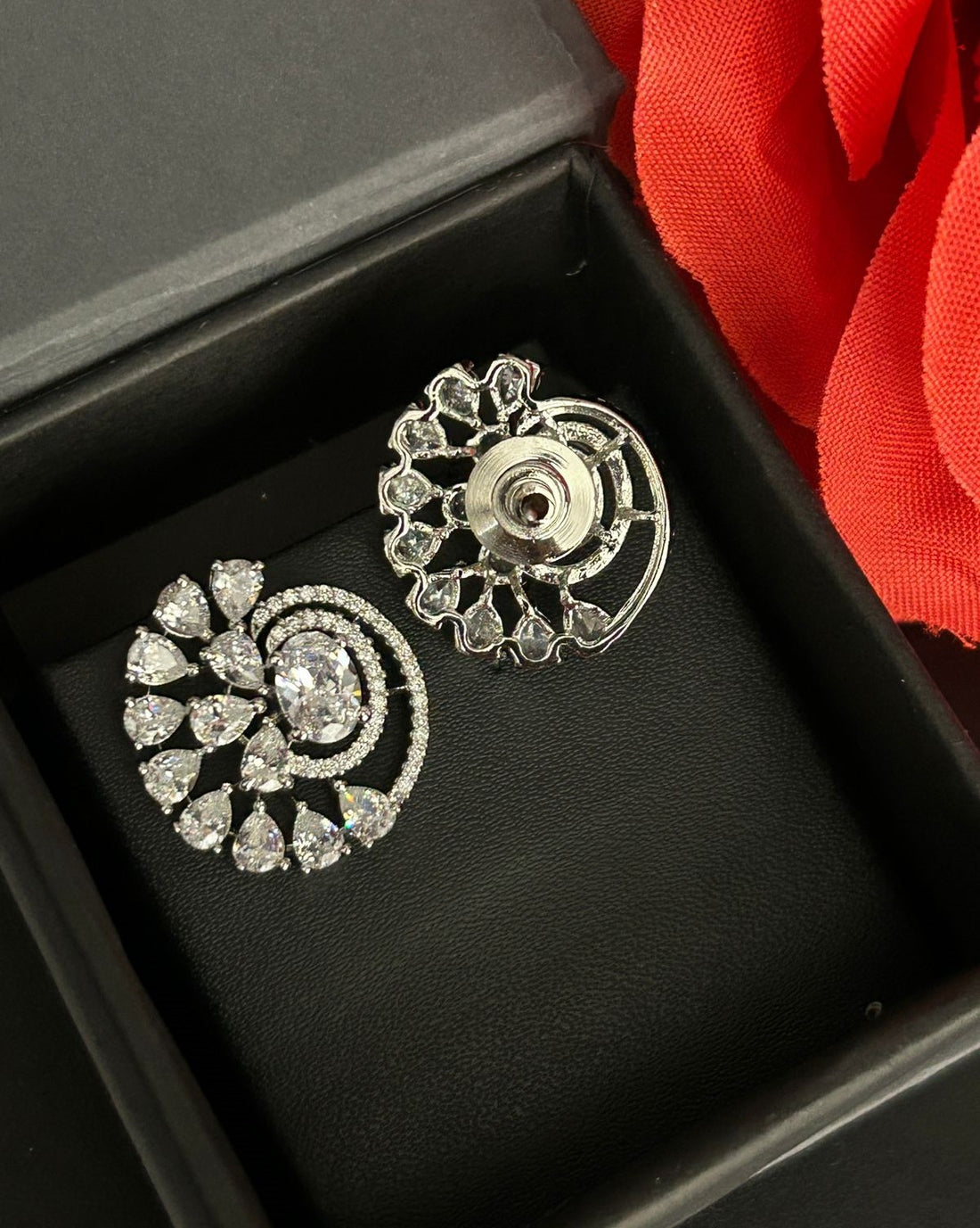 Premium Royal Spiral Bloom Earrings – White Polish Diamond Statement Design