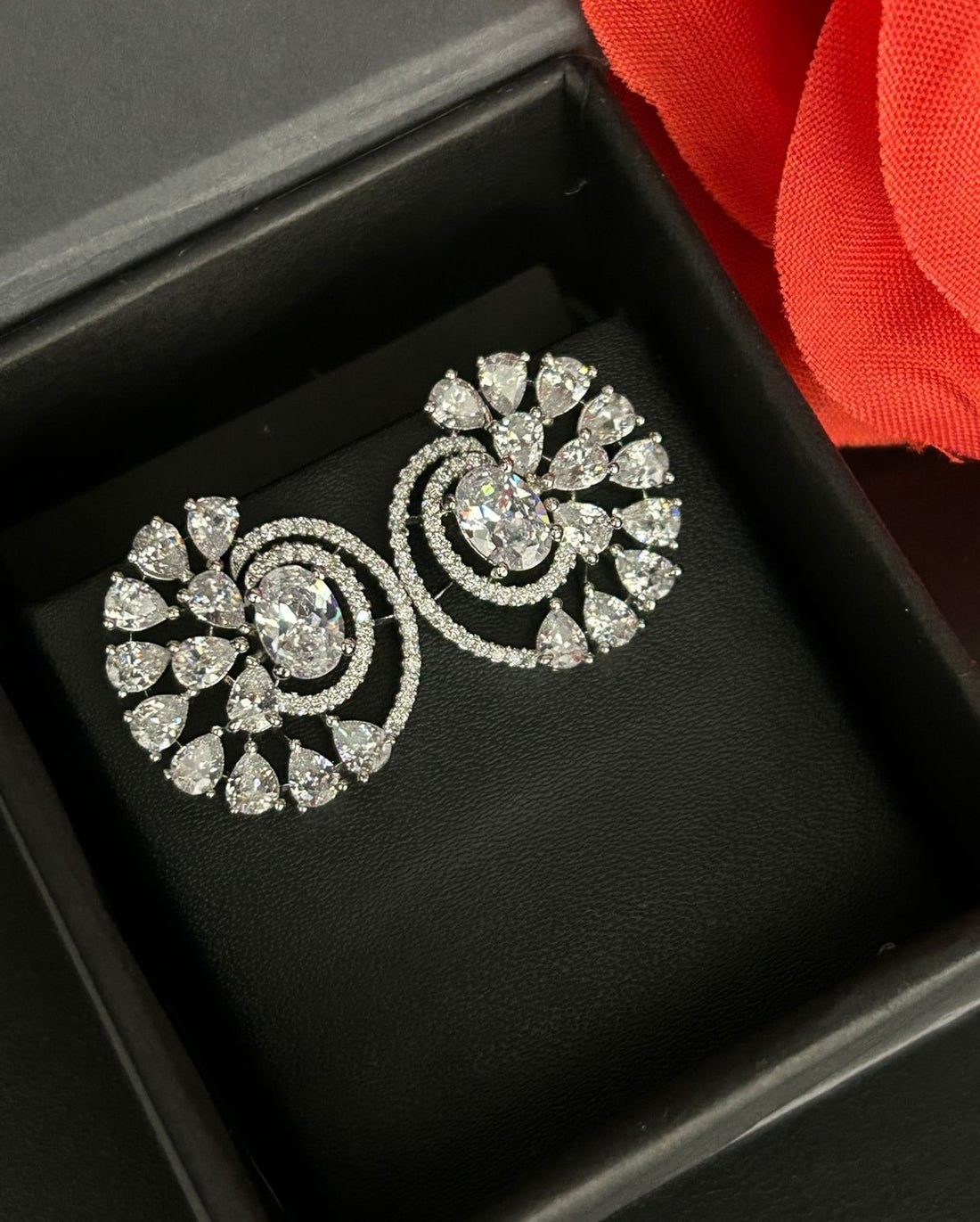 Premium Royal Spiral Bloom Earrings – White Polish Diamond Statement Design