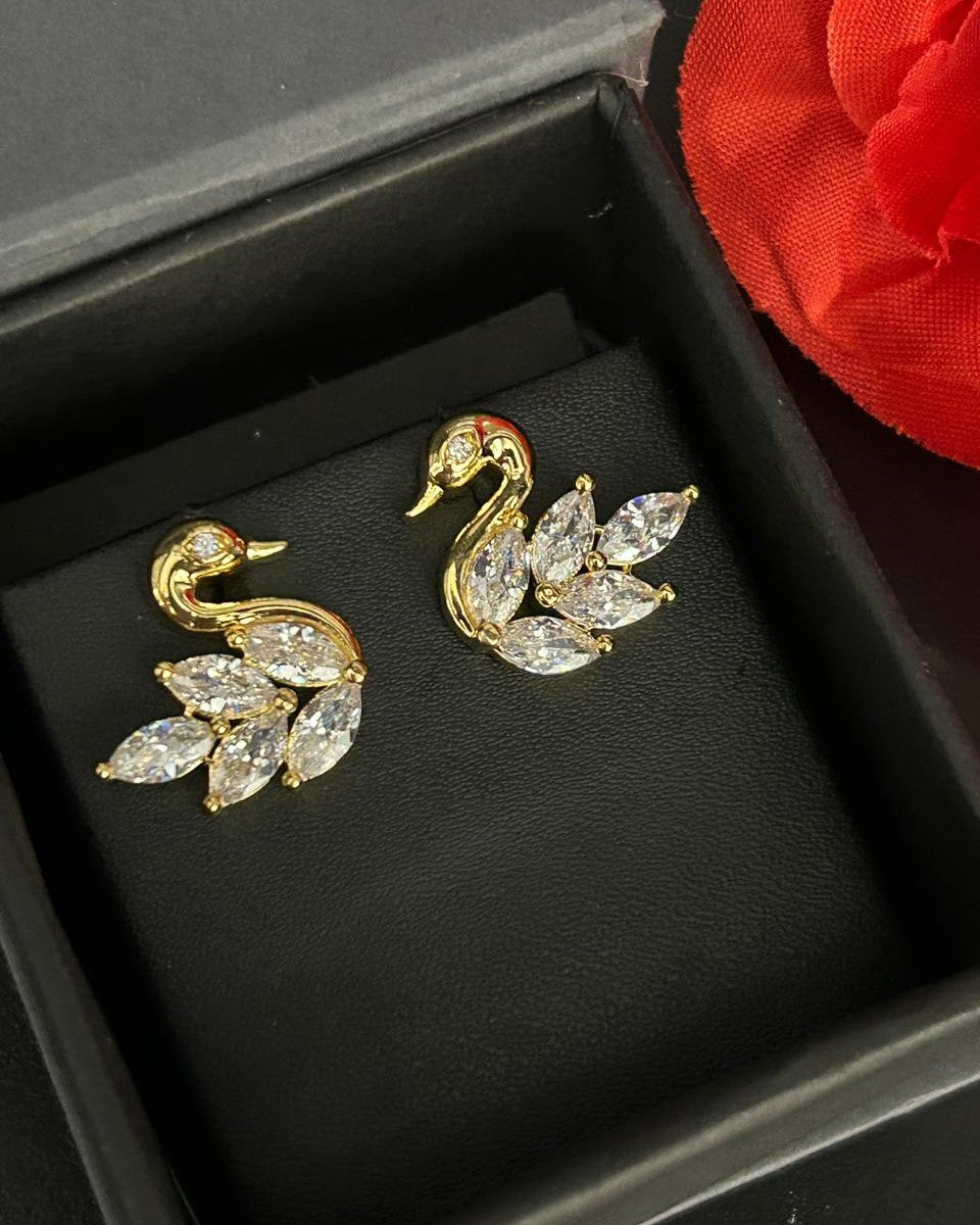 Premium Swan Design Diamond Earrings for Women | Gold Polish Leaf Pattern Party Wear Earrings